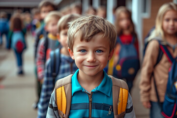 Retro image from 90s. Little first grader boy with blue eyes in front of school with his class.