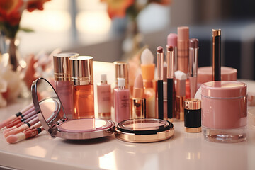 Beautiful makeup products on table in room, closeup. Professional cosmetics