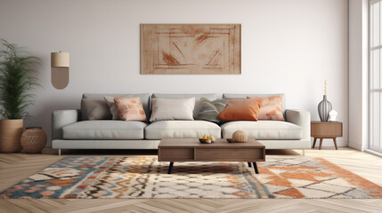 A decorative throw rug with a Moroccan inspired patte
