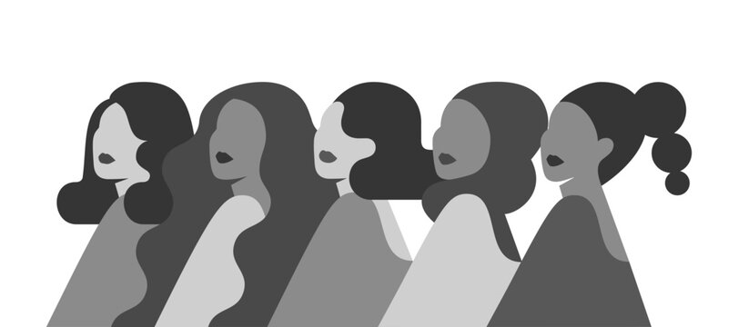 monochrome poster with five women which stand together next to each other. Silhouettes of girls in gray colors isolated on white background. Female characters vector illustrations for holidays