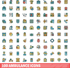100 ambulance icons set. Color line set of ambulance vector icons thin line color flat on white