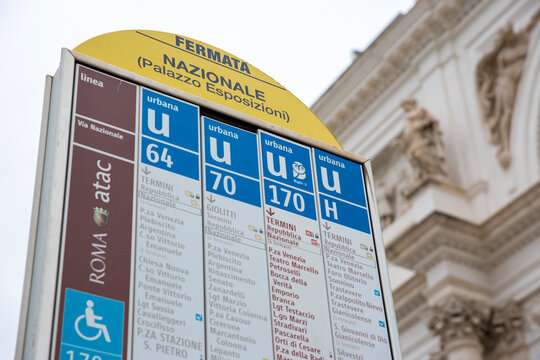 City bus stop in Via Nazionale. It is the bus stop of the Exhibition Museum. Rome, Italy - January, 2024: 
