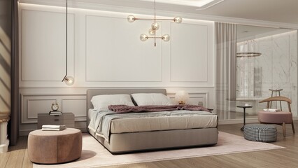 The bedroom interior is designed in a modern classic style with a large bed and ornaments on the walls. In the background you can see the bathroom separated by a glass wall and a curtain. 3D render.
