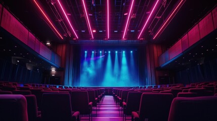 An Empty Auditorium With A Stage And Purple Lights