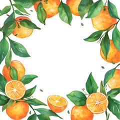Cute cartoon orange fruit frame border on background in watercolor style.