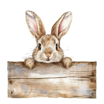 Cute cartoon Easter bunny rabbit with wooden board sign for text on background in watercolor style.