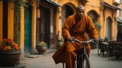 Obraz premium Tibetan monk on a bicycle
