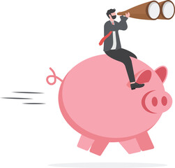 Fototapeta premium Financial future, discover investment opportunity, mutual fund or stock market pension fund, wealth management or savings concept, businessman riding piggybank look through binoculars to see future.