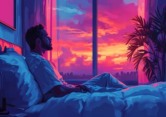 A man reflects on the passing of time as he lies in bed, watching the vibrant colors of the sunset through his window, longing for the warmth of the sunrise to come
