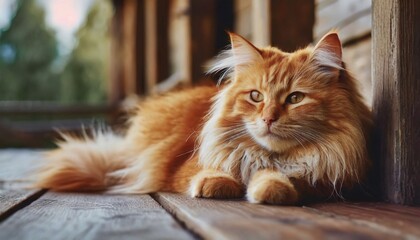 Young lazy red-haired fluffy cat lying on wooden porch. Adorable pet. - Powered by Adobe