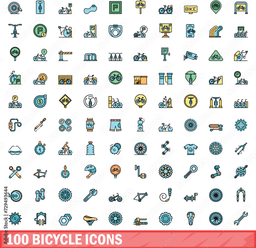 Wall mural 100 bicycle icons set. Color line set of bicycle vector icons thin line color flat on white - Wall murals