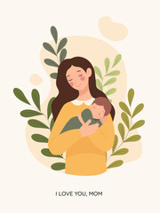 A mother is holding a small child in her arms. Cute illustration of Mother's Day card. Vector, pastel gentle colors