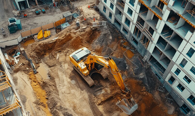 excavator on a building construction site. aerial top view.