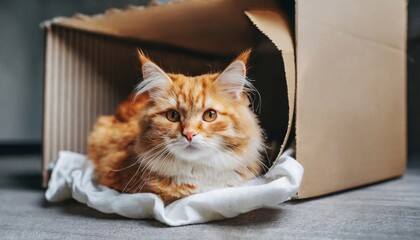 Young lazy red-haired fluffy cat sitting in cardboard box. Adorable pet.