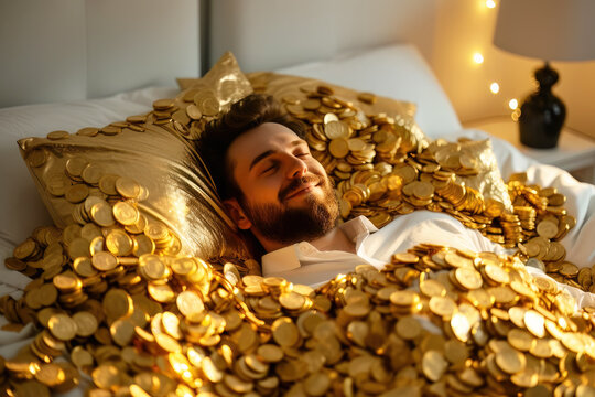 Happy rich man sleeping in gold coins