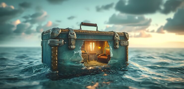 Amidst the endless ocean and sky, a screenshot reveals a ship carrying a mysterious suitcase that holds an entire room, filled with the calming sound of water and the view of floating clouds