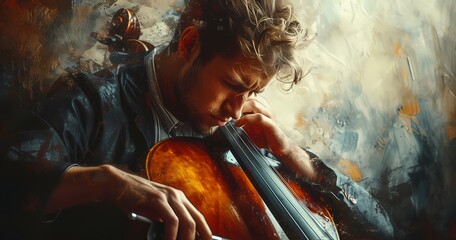 A skilled musician creates a soulful masterpiece, his cello an extension of his being as he paints a melodic canvas with each stroke of the bow - obrazy, fototapety, plakaty