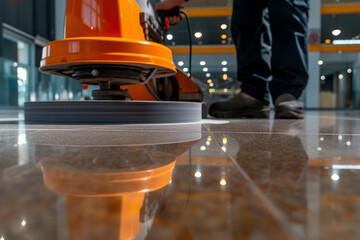 Worker polishing hard floor.AI generated