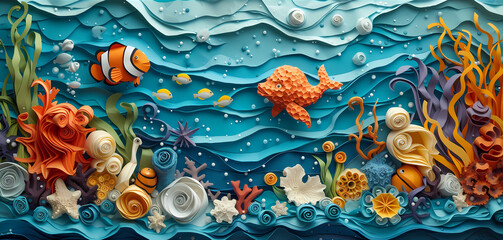 Vibrant colors and intricate details bring to life a captivating underwater world, painted with precision and passion on a paper cut out of a sea, showcasing a bustling reef filled with colorful fish