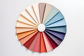 Pastel color samples pallet on light background. Designer's color fan with various hues in a circular array. Paper color swatches in a circular fan, ideal for design color palette