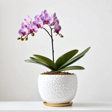 Illustration of potted orchid plant white flower pot Orchidaceae isolated white background indoor plants
