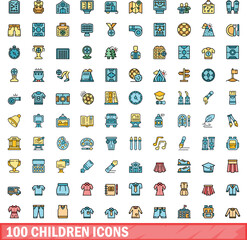 100 children icons set. Color line set of children vector icons thin line color flat on white