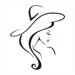 omen's silhouette in a hat black vector contour girl in a hat. Vector illustration.