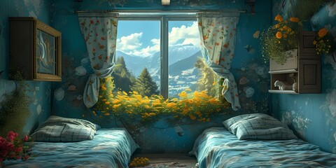 A cozy indoor bedroom adorned with a beautiful floral painting on the wall, a vibrant plant in a vase, and a picturesque view of mountains and flowers through the window, inviting relaxation and tran - obrazy, fototapety, plakaty