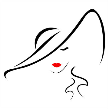 Woman in a hat Black outlines of fashion woman contour girl. Vector illustration.