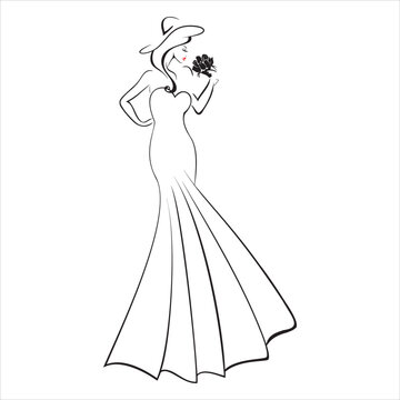 A sketch of a long evening dress. Vector image. Wedding image.