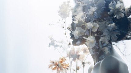Woman profile with flowers in head, concept of mental health, double exposure