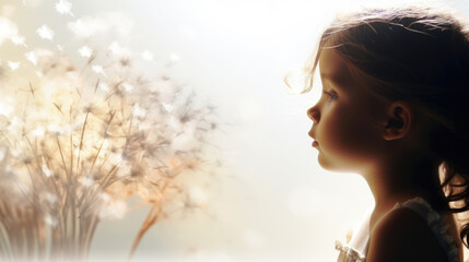 Fototapeta premium Little girl profile with imaginary world, dreams in her head