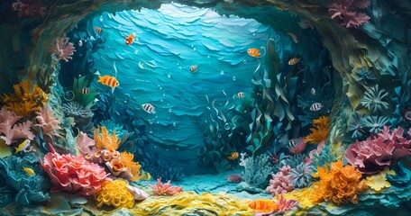 Fototapeta na wymiar A mesmerizing underwater world captured on canvas, as a vibrant fish navigates through the ethereal depths of a cave, revealing the intricate beauty of marine biology