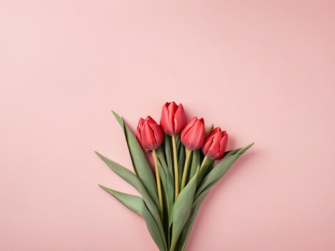 Beautiful red tulips in craft paper on pink pastel background with copy space, spring time, mother's day