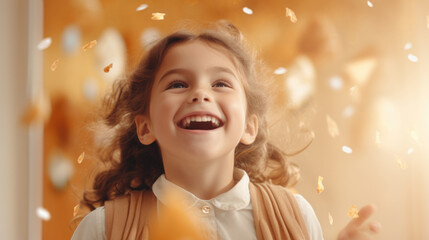 Cheerful little caucasian girl on neutral warm color background, copy space