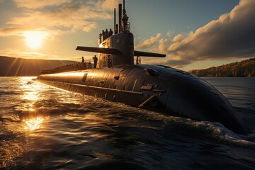 A nuclear submarine in the sea on the surface.