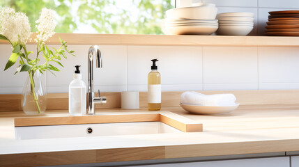 Various cleaning products on a wooden tabletop home interior, bathroom or kitchen. The concept of seasonal cleaning