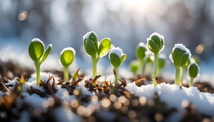 sprouts sprout from under the snow in spring - obrazy, fototapety, plakaty