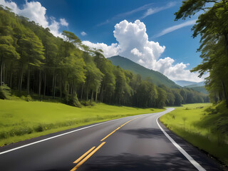 Fototapeta premium A Majestic Landscape Along the Asphalt Road, Where Vast Green Forests Meet the Clear Blue Sky. Nature's Tranquil Beauty Captured in a Breathtaking Photograph.