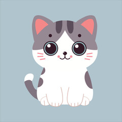 Cat Sitting Cartoon - Cute Gray Cat Kawaii
