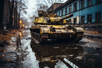 Fototapeta na wymiar Tanks in the midst of a destroyed city.