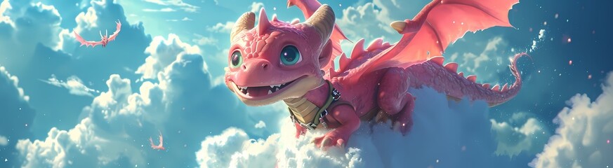 A majestic dragon soars through the sky, its cartoon-like appearance blending seamlessly with the fluffy clouds as if straight out of an anime - obrazy, fototapety, plakaty