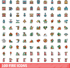 100 fire icons set. Color line set of fire vector icons thin line color flat on white