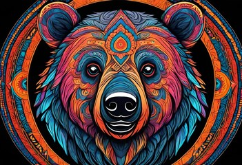 Colorful bear head mandala arts isolated on black background