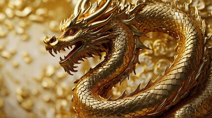 Obraz premium Silhouette of asian dragon on abstract golden glittering background. lunar new year horoscope symbol. Chinese dragon - symbol of deity, wisdom, good start, power. element for design. copy space