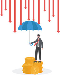 Protection. Businessman with umbrella red protecting arrows rain in economy crisis or market crash

