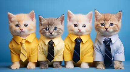 Cute and funny different baby cats group as business team