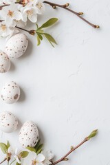 Pink Blue Cream Pastel Speckled Easter Egg Spring Theme Graphic Backdrop | Open Space for Text | Branches Leaves | Rustic Cottagecore Minimal Minimalist | Neutral Tones