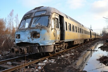 Fototapeta premium Old abandoned and already rusty train. A missile strike attack on the civilian population during the war.
