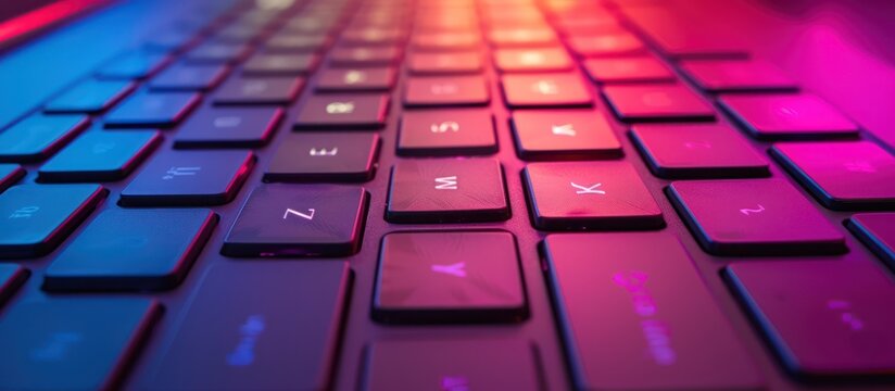 Computer keyboard on illuminated neon light background. AI generated image